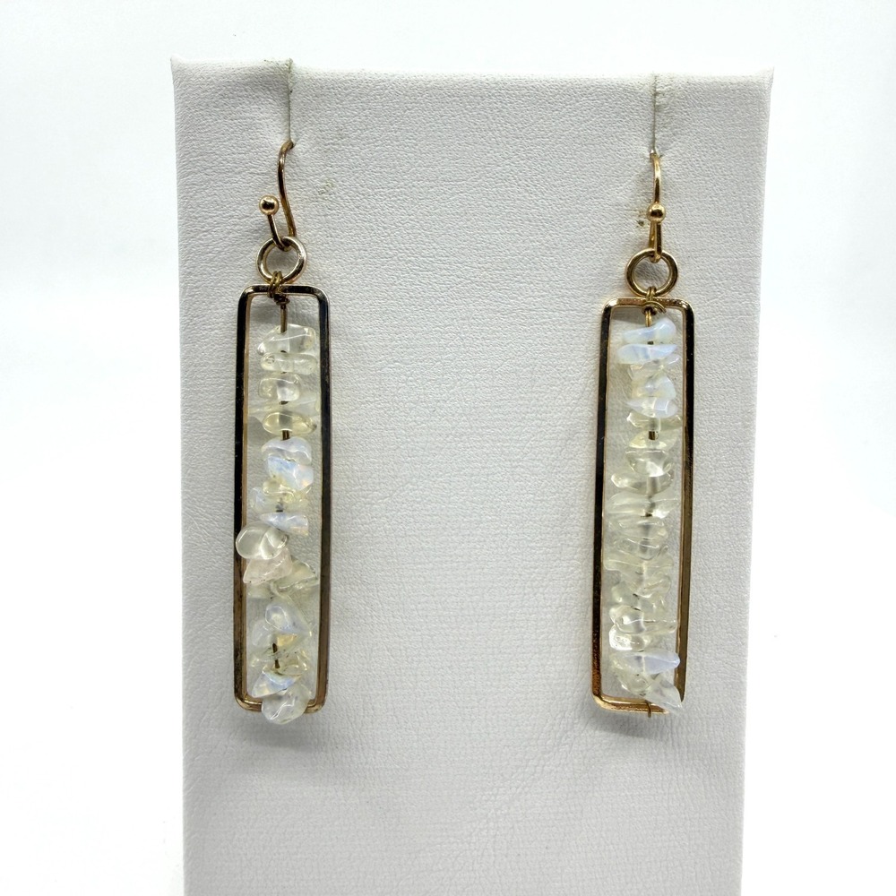 Gold Tone Iridescent Chip Stone Rectangle Drop Earrings - Boho Celestial